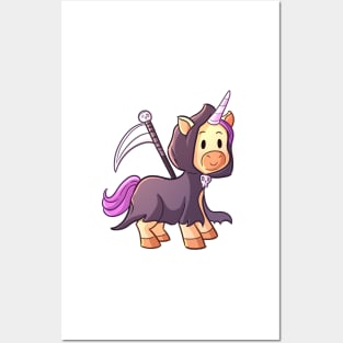 Cute Halloween Unicorn in Grim Reaper Costume Posters and Art